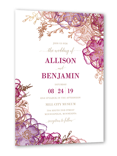 Floral Fringe Wedding Invitation, Rose Gold Foil, Pink, 5x7 Flat, Luxe Double-Thick Cardstock, Square
