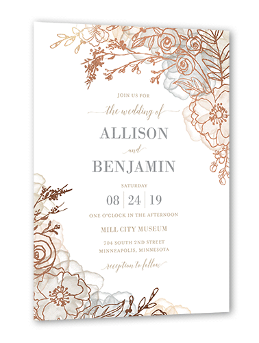 Floral Fringe Wedding Invitation, Rose Gold Foil, Beige, 5x7, Signature Smooth Cardstock, Square
