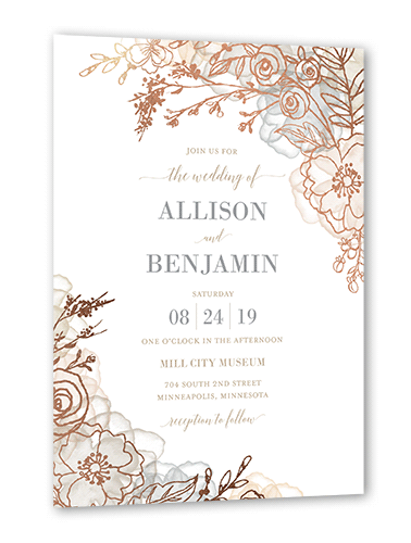 Floral Fringe Wedding Invitation, Rose Gold Foil, Beige, 5x7 Flat, Luxe Double-Thick Cardstock, Square
