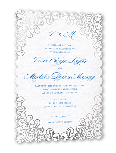 Dazzling Lace Wedding Invitation, Silver Foil, Blue, 5x7, Signature Smooth Cardstock, Scallop
