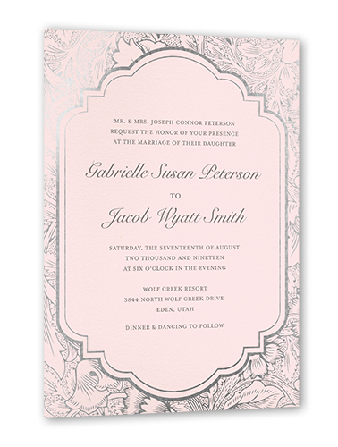 Ornate Petals Wedding Invitation, Pink, Silver Foil, 5x7, Pearl Shimmer Cardstock, Square