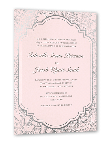 Ornate Petals Wedding Invitation, Pink, Silver Foil, 5x7 Flat, Matte, Signature Smooth Cardstock, Square