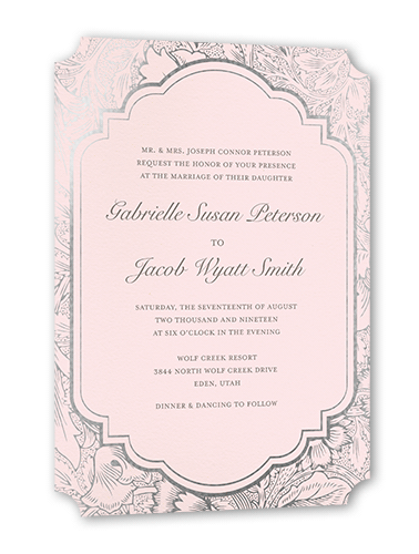 Ornate Petals Wedding Invitation, Pink, Silver Foil, 5x7, Pearl Shimmer Cardstock, Ticket