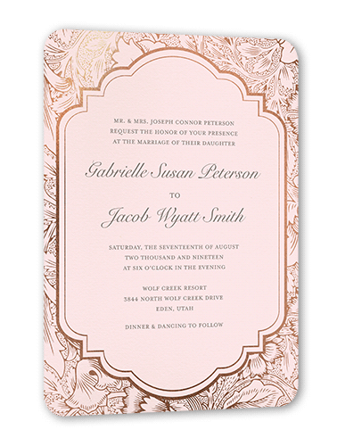 Ornate Petals Wedding Invitation, Pink, Rose Gold Foil, 5x7, Matte, Signature Smooth Cardstock, Rounded