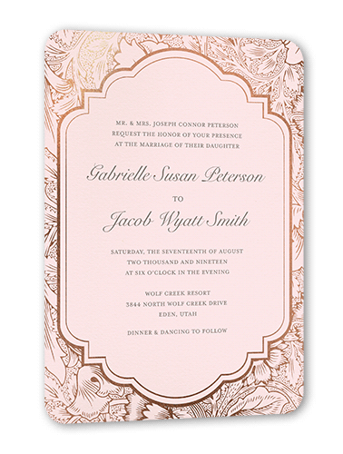 Ornate Petals Wedding Invitation, Pink, Rose Gold Foil, 5x7 Flat, Pearl Shimmer Cardstock, Rounded
