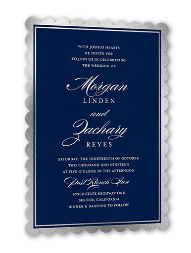 Remarkable Frame Classic Wedding Invitation, Silver Foil, Blue, 5x7, Matte, Signature Smooth Cardstock, Scallop