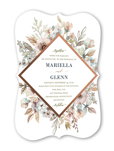 Diamond Blossoms Wedding Invitation, Rose Gold Foil, Green, 5x7 Flat, Matte, Signature Smooth Cardstock, Bracket