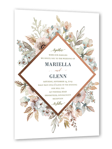 Diamond Blossoms Wedding Invitation, Rose Gold Foil, Green, 5x7, Pearl Shimmer Cardstock, Square