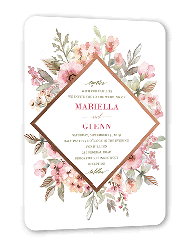 Diamond Blossoms Wedding Invitation, Rose Gold Foil, Pink, 5x7, Pearl Shimmer Cardstock, Rounded