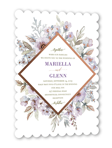 Diamond Blossoms Wedding Invitation, Purple, Rose Gold Foil, 5x7, Matte, Signature Smooth Cardstock, Scallop