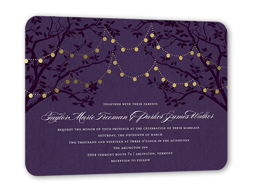 Enlightened Evening Wedding Invitation, Gold Foil, Purple, 5x7 Flat, Signature Smooth Cardstock, Rounded, Majestic