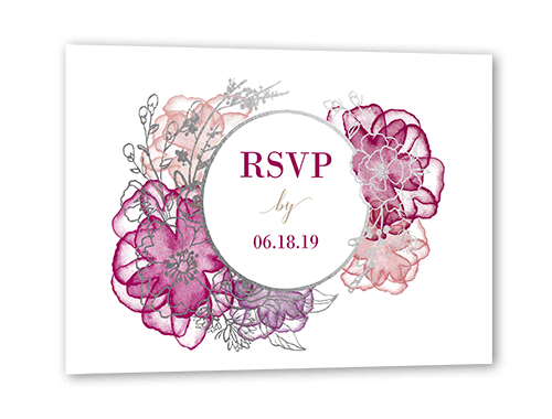 Floral Fringe Wedding Response Card, Pink, Silver Foil, Matte, Pearl Shimmer Cardstock, Square, Raspberry