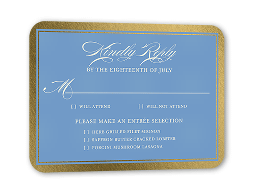 Remarkable Frame Classic Wedding Response Card, Blue, Gold Foil, Signature Smooth Cardstock, Rounded