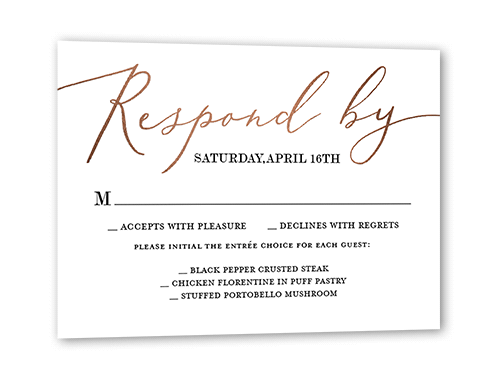 Sterling Script Wedding Response Card, Rose Gold Foil, White, Matte, Pearl Shimmer Cardstock, Square