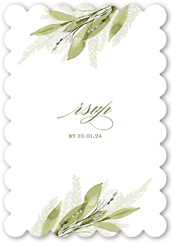 Floral Frond Wedding Response Card, Beige, White, Pearl Shimmer Cardstock, Scallop