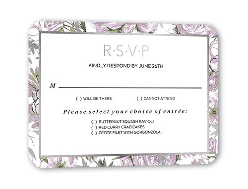 Crisp Petals Wedding Response Card, Silver Foil, Purple, Signature Smooth Cardstock, Rounded