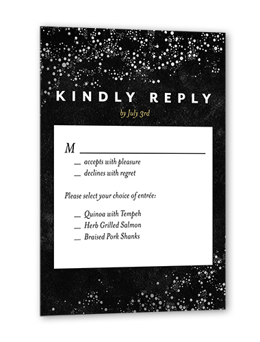 Dazzling Flare Wedding Response Card, Silver Foil, Black, Matte, Pearl Shimmer Cardstock, Square