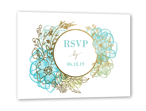 Floral Fringe Wedding Response Card, Gold Foil, Blue, Matte, Pearl Shimmer Cardstock, Square