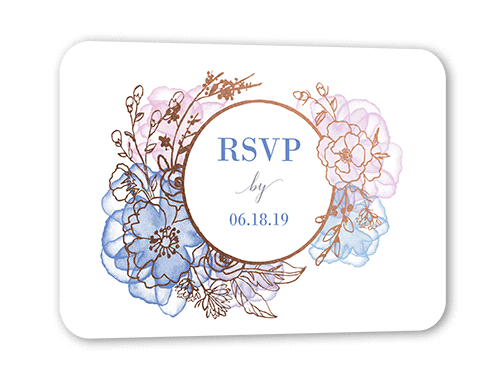 Floral Fringe Wedding Response Card, Rose Gold Foil, Blue, Pearl Shimmer Cardstock, Rounded