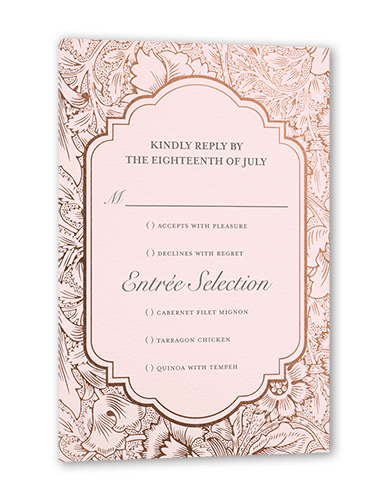 Ornate Petals Wedding Response Card, Pink, Rose Gold Foil, Matte, Pearl Shimmer Cardstock, Square