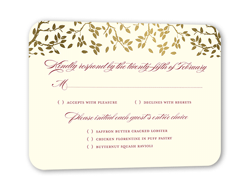 Enlightened Evening Wedding Response Card, Gold Foil, Red, Pearl Shimmer Cardstock, Rounded, Cinnamon